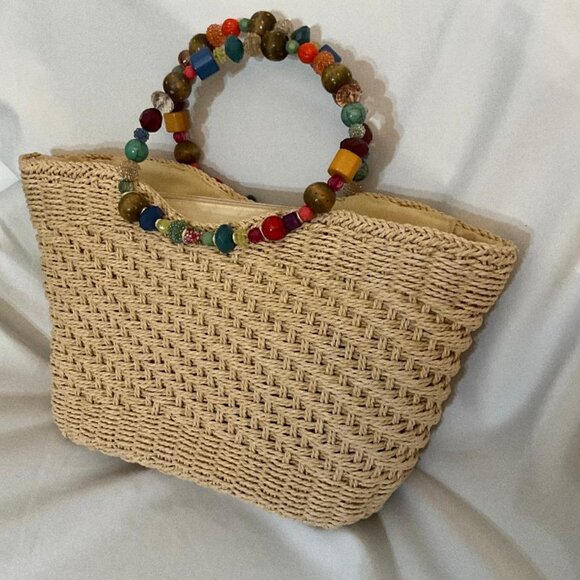 CAPPELLI of N.Y.Straw World wicker bag NWOT colorful jewel/beaded handles - Picture 5 of 5